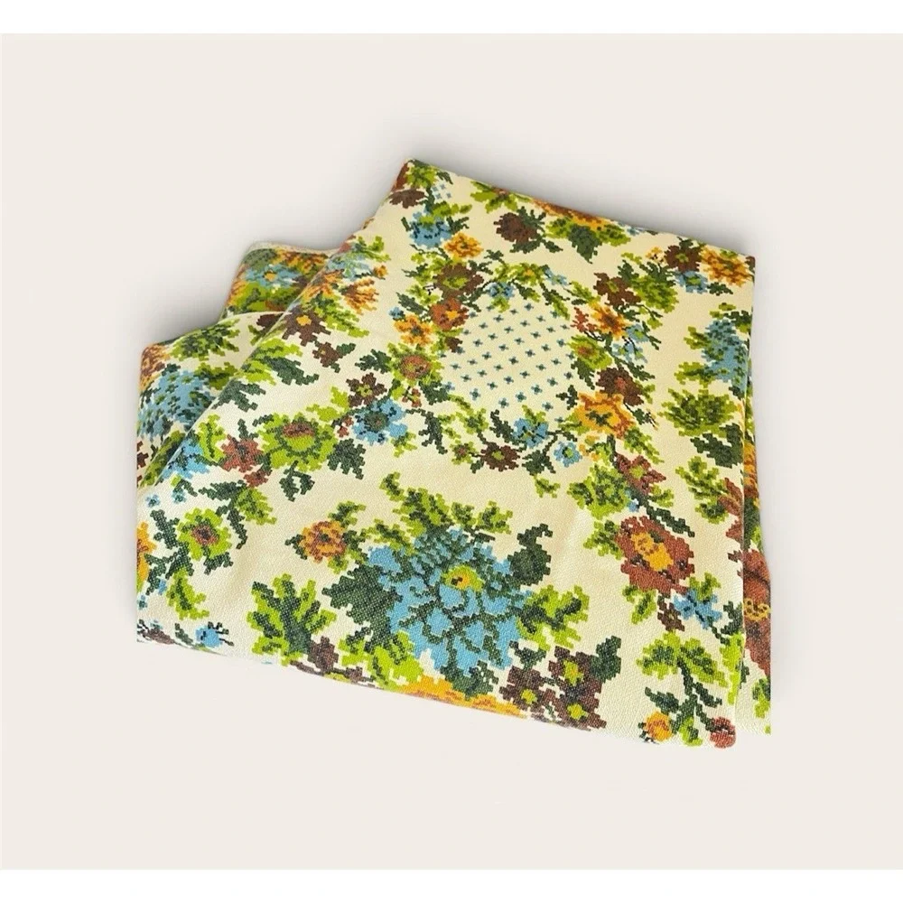 Vintage 70s colorful faux cross stitch floral fabric tablecloth retro 58x98